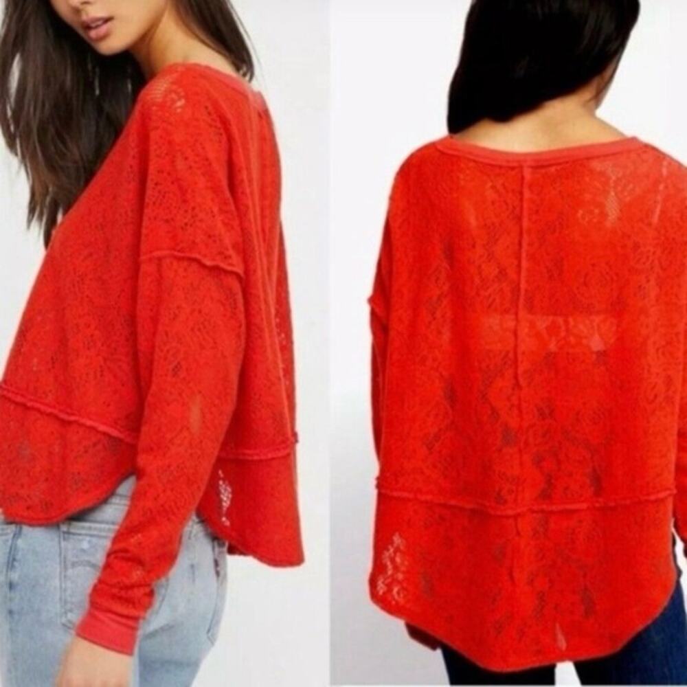 Women's Size S Orange Free People Not Cold in This Floral Orange Red Crochet Top